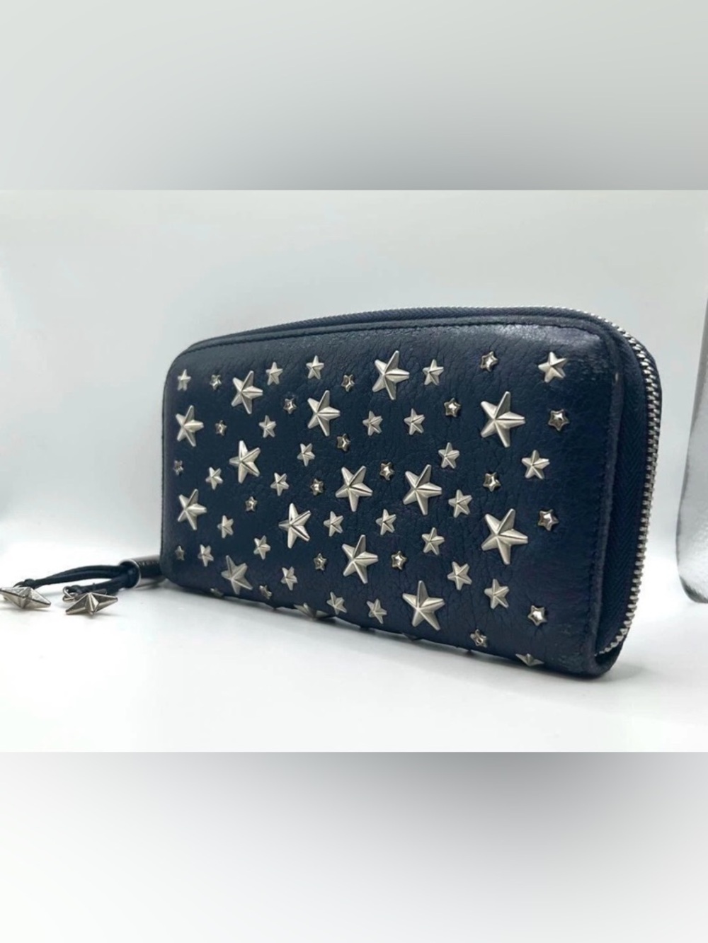 Jimmy Choo Filipa Star Studded Zip Around Wallet Navy Leather